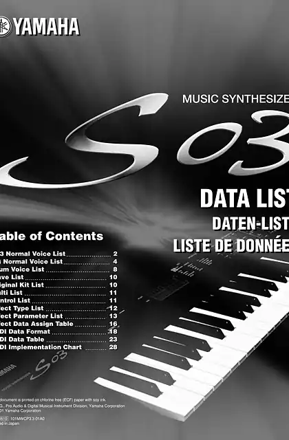 yamaha雅马哈S03 Data List